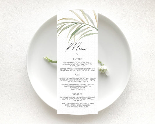 Leafy Menu Green Leaf Menu Template Eucalyptus Fern Leaves Decor Watercolor Boho Garden Leaf Branch Dinner Dessert Party Food Menu D11043