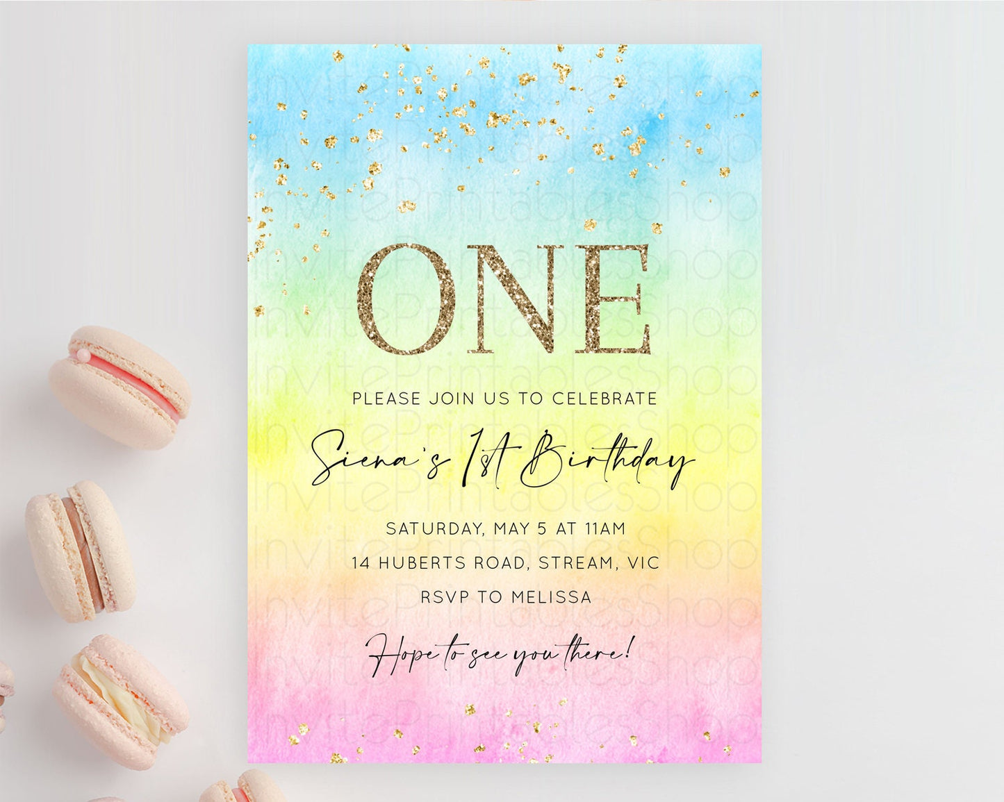 Rainbow Birthday Invitation Colorful Pastel Watercolor Invitation Gold Glitter Sprinkles Ombre Pastel 1st 2nd 3rd Birthday D10483
