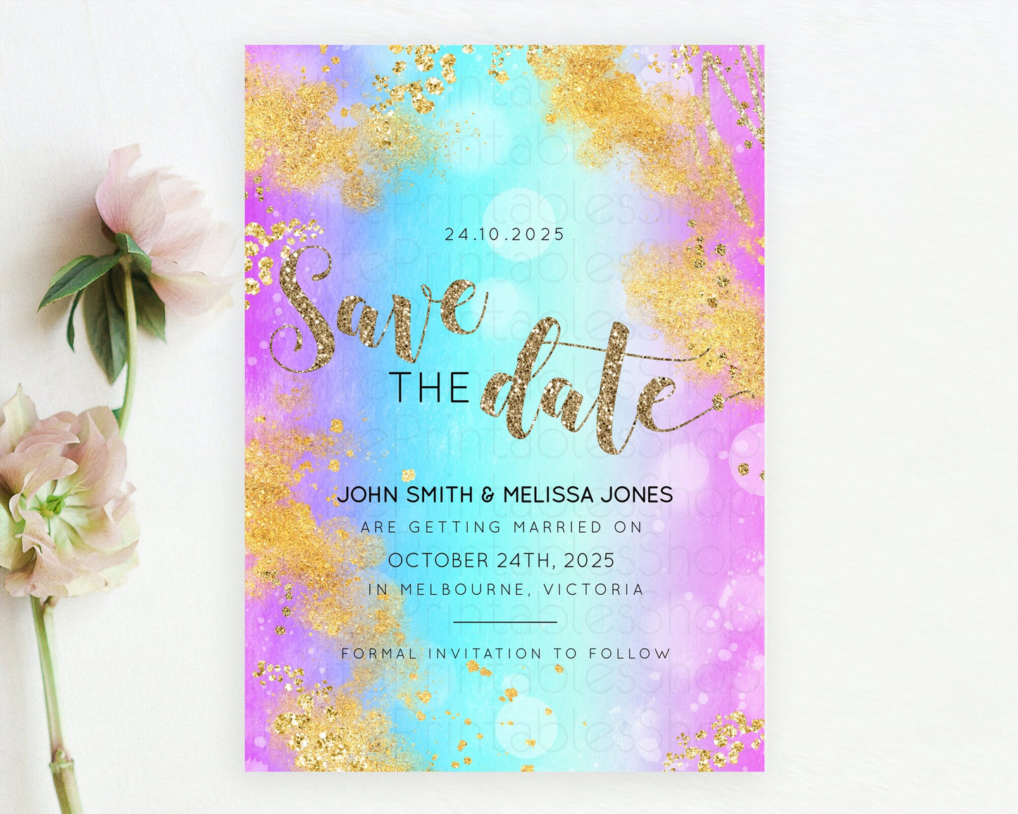 Pastel Save The Date Template Pastel Ombre Rainbow Watercolor Colorful Party For Birthday Baptism Baby Shower Wedding Bridal Shower D10564