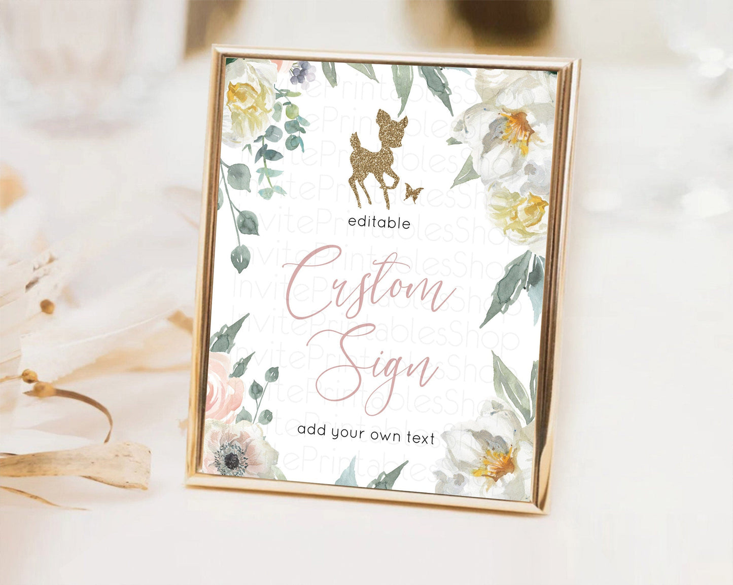Fawn Deer Sign Pastel Floral Deer Table Sign Decor Enchanted Forest Butterfly Party 1st Birthday Baptism Baby Shower Bridal Shower D10120