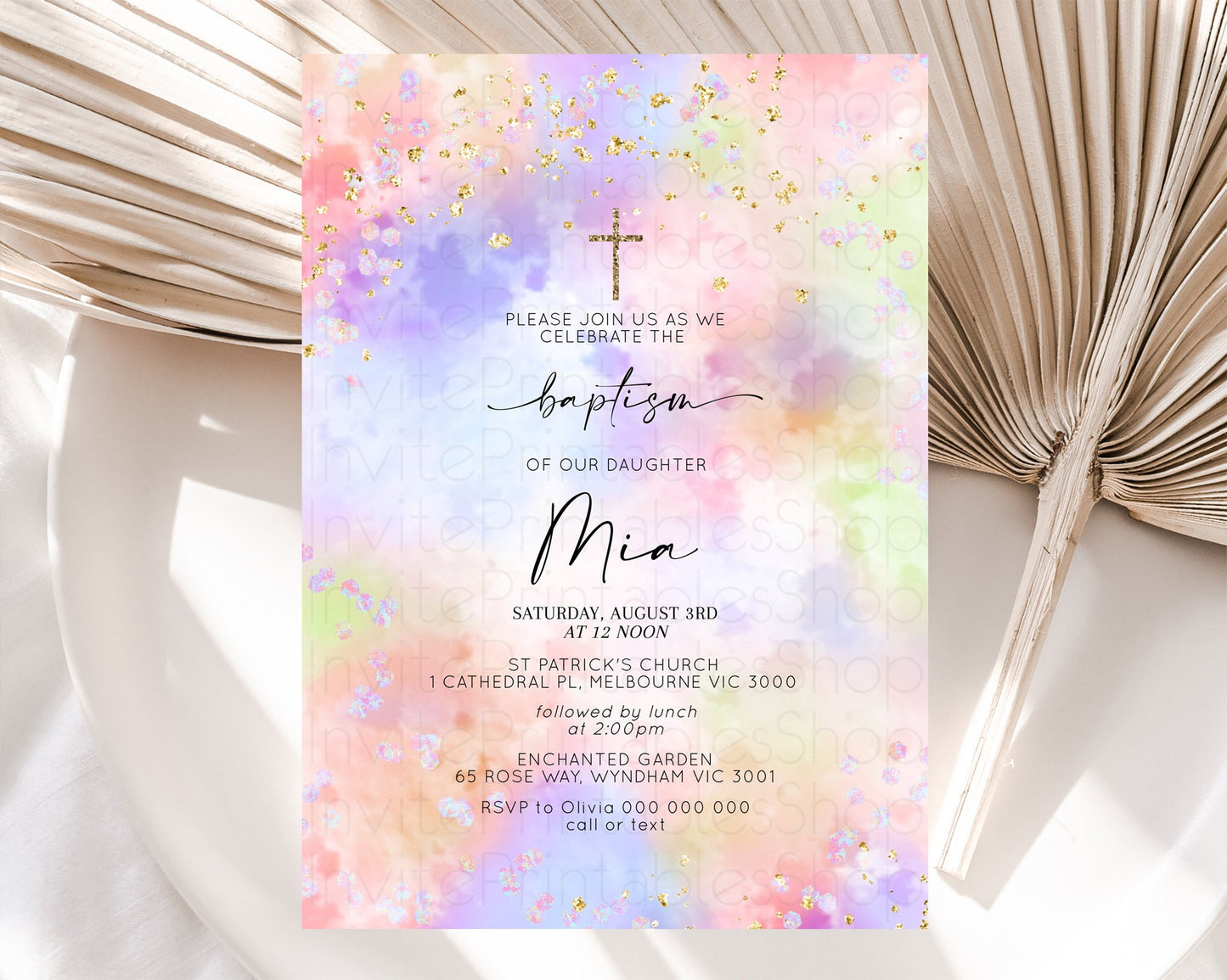 Pastel Baptism Invitation Pastel Colors Watercolor Baptism 1st Birthday Party Gold Ombre Pastel Rainbow Christening Holy Communion D10610