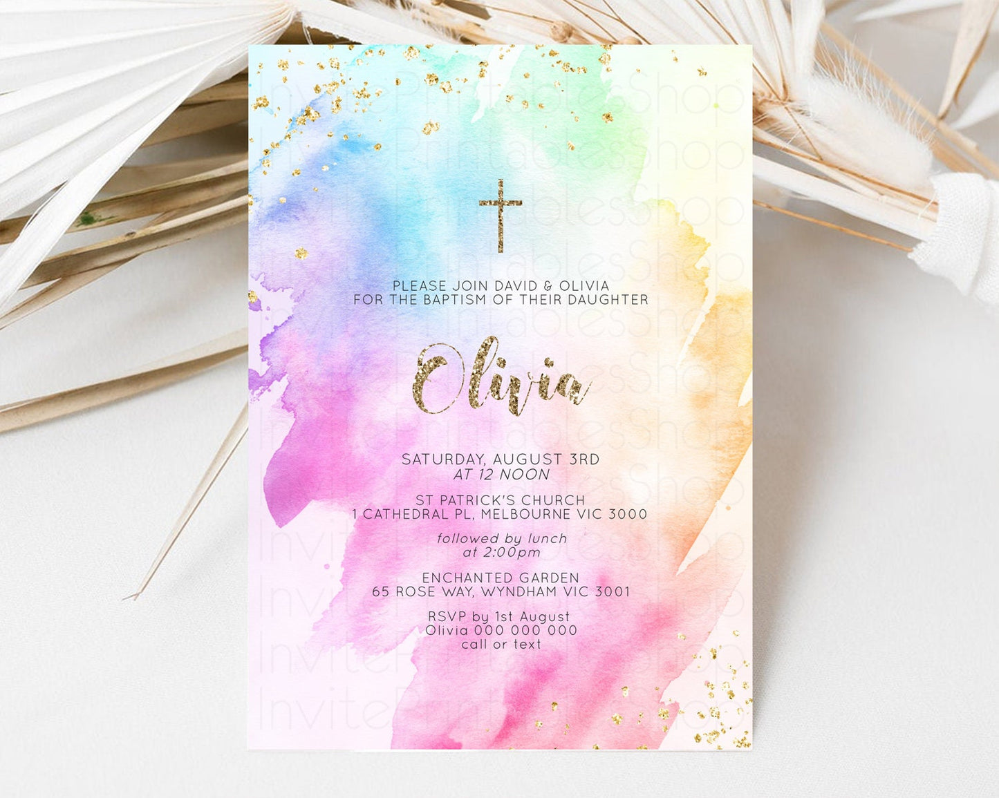 Rainbow Baptism invitation Pastel Rainbow Christening Invite Ombre Watercolor Invite Gold Glitter Sprinkle Splash Cross Religious g504