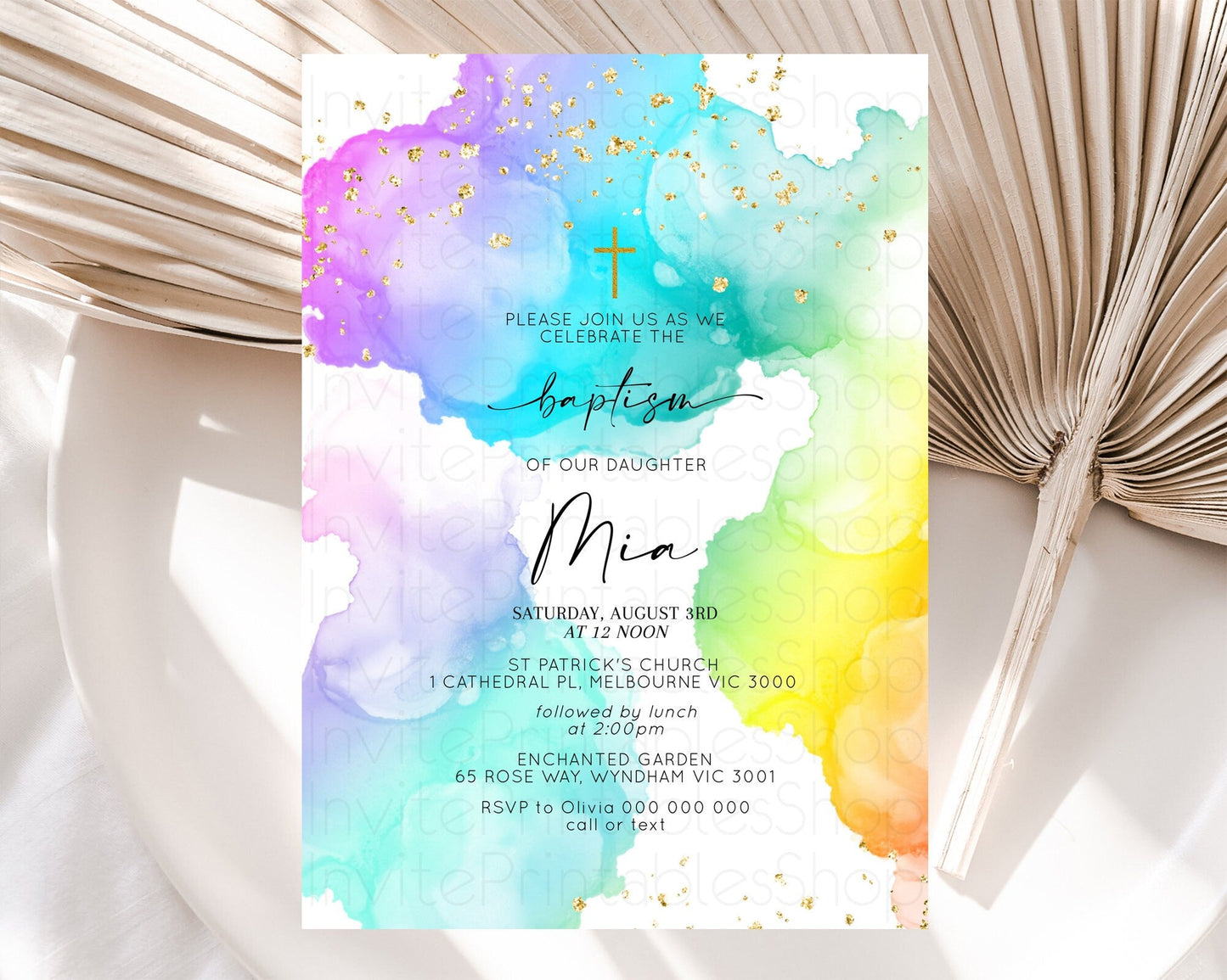 Pastel Baptism Invitation Pastel Colors Watercolor Baptism 1st Birthday Party Gold Ombre Pastel Rainbow Christening Holy Communion D10213