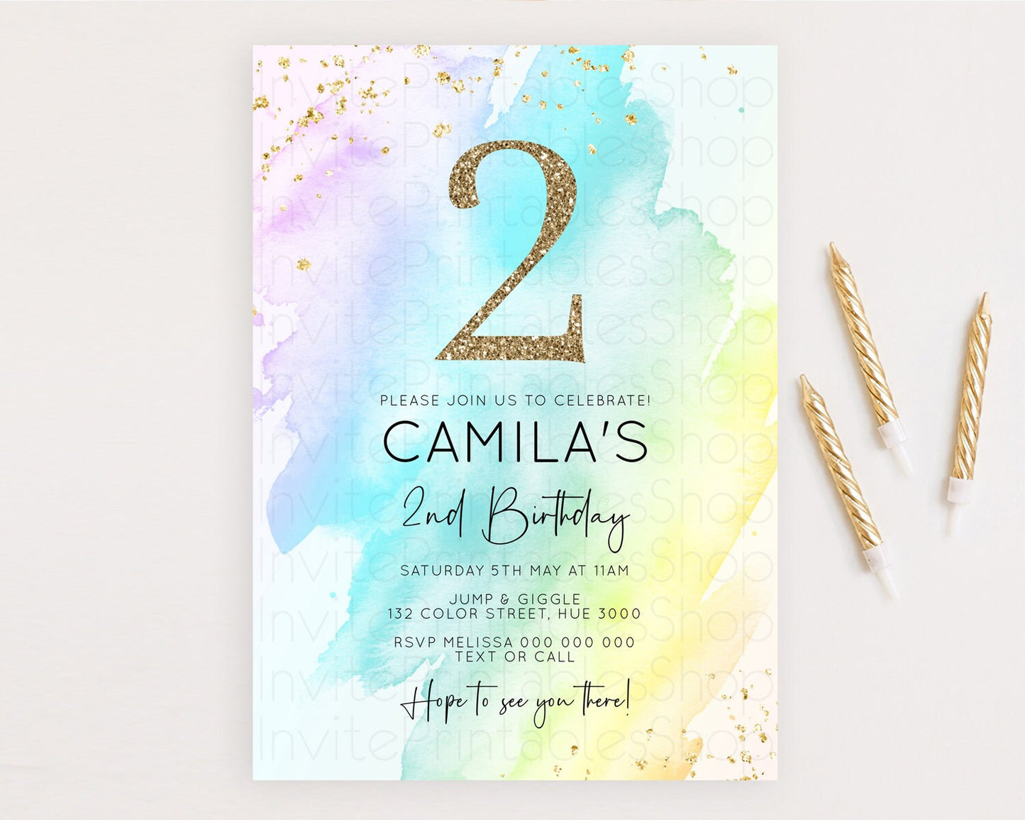 Rainbow Birthday Invitation Colorful Pastel Watercolor Invitation Gold Glitter Sprinkles Ombre Pastel 1st 2nd 3rd Birthday D10171