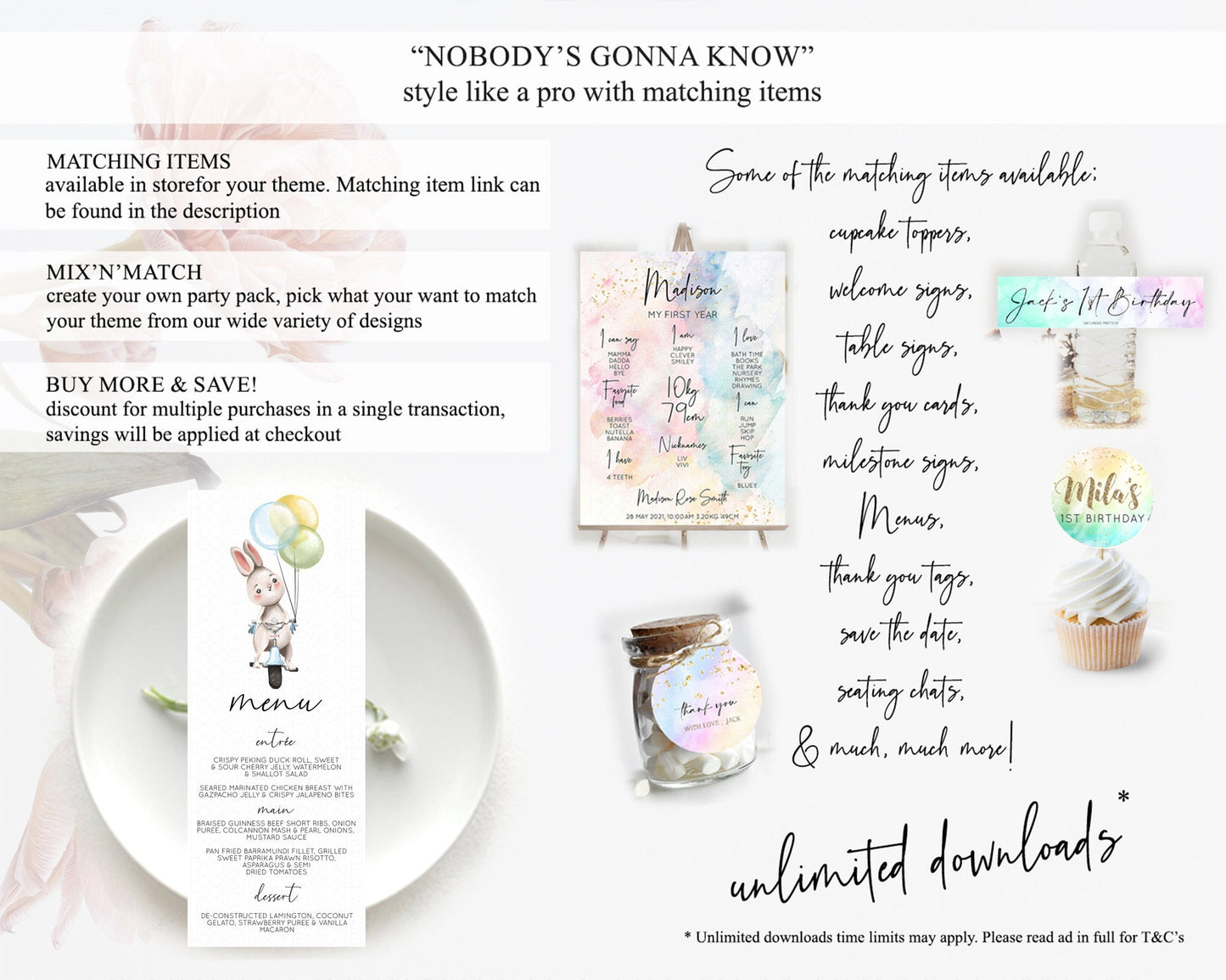 Bunny Menu Bunny Balloon Menu Template Colorful Pastel Confetti Table Decor Sprinkles Bunny Dinner Dessert Menu Party Food Menu D10783