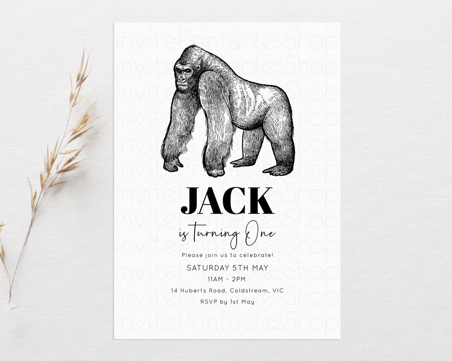 Gorilla Birthday Invitation Gorilla Invite Jungle Safari invite Watercolor Tropical Palm Invite Adventure Zoo Party Wild Animal Party