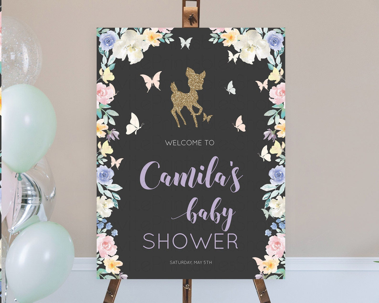 Fawn Baby Shower Welcome Sign Deer Welcome Board Floral Deer Welcome Poster Enchanted Forest Butterfly Pastel Floral Welcome Sign D10880