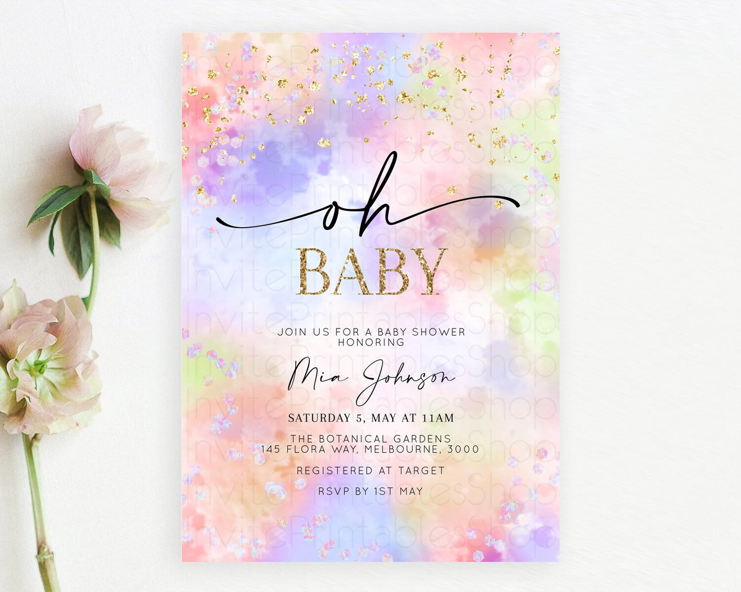 Pastel Baby Shower Invitation Rainbow Baby Shower Invitation Colorful Pastel Watercolor Invitation Gold Glitter Sprinkles Ombre D10610