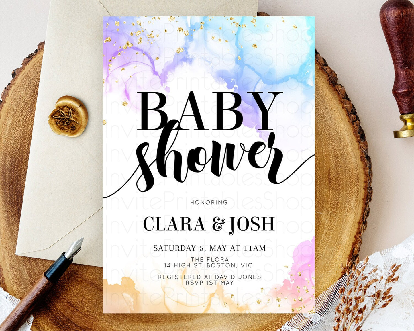 Pastel Baby Shower Invitation Rainbow Baby Shower Invitation Colorful Pastel Watercolor Invitation Gold Glitter Sprinkles Ombre D11018