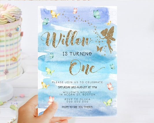 Pastel Fairy Birthday Invitation Pastel Butterflies Fairy Birthday Invitation Rainbow Ombre Watercolor 1st 2nd Birthday Invitation D23324