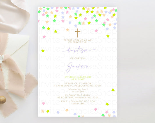 Editable Star Baptism Invitation Pastel Stars Baptism 1st Birthday Invitatio