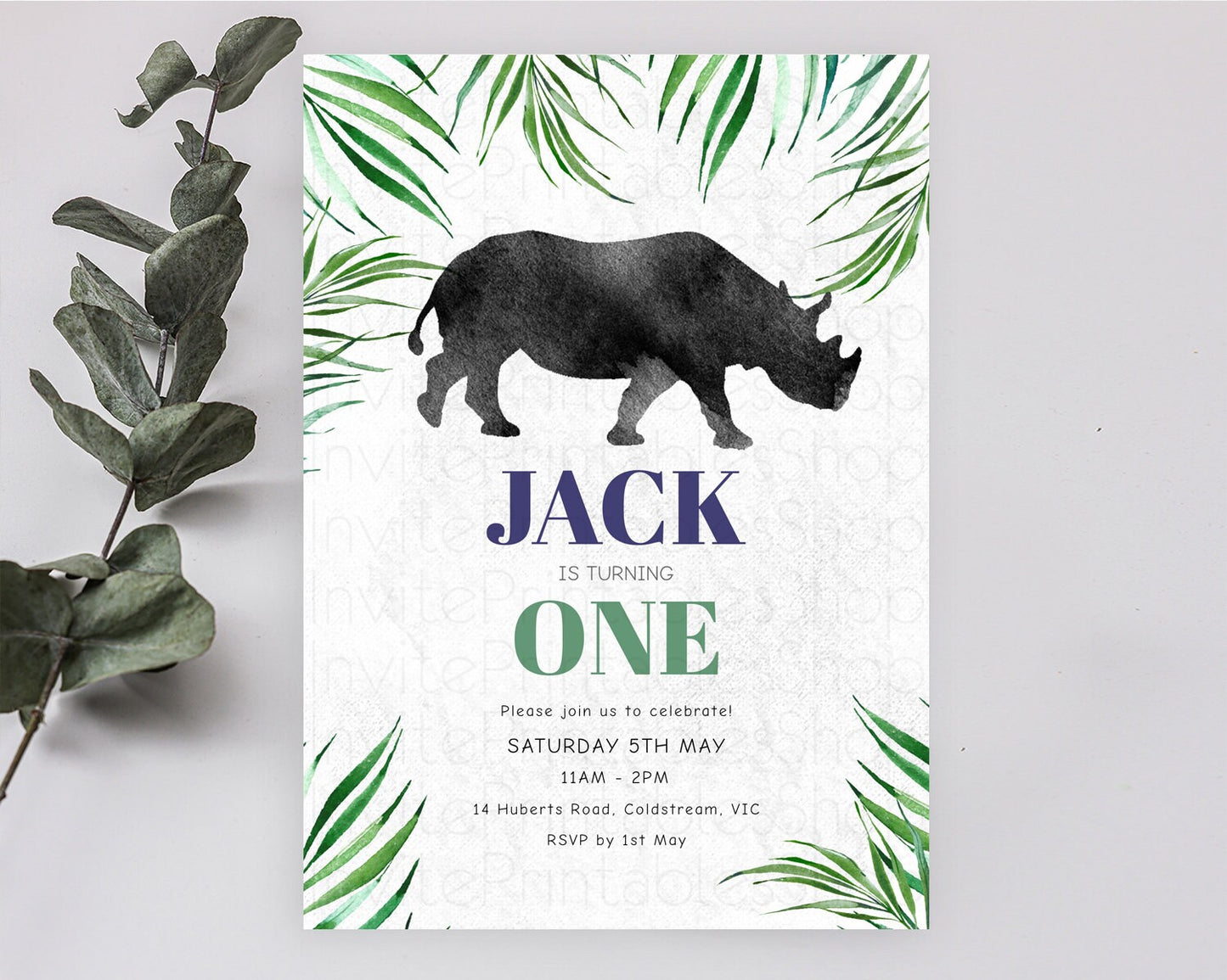 Rhino Birthday Invitation Rhino Invitation Rhino Birthday Rhino Safari Adventure Invite Rhino Palm Leaf Invite Zoo Party D10843