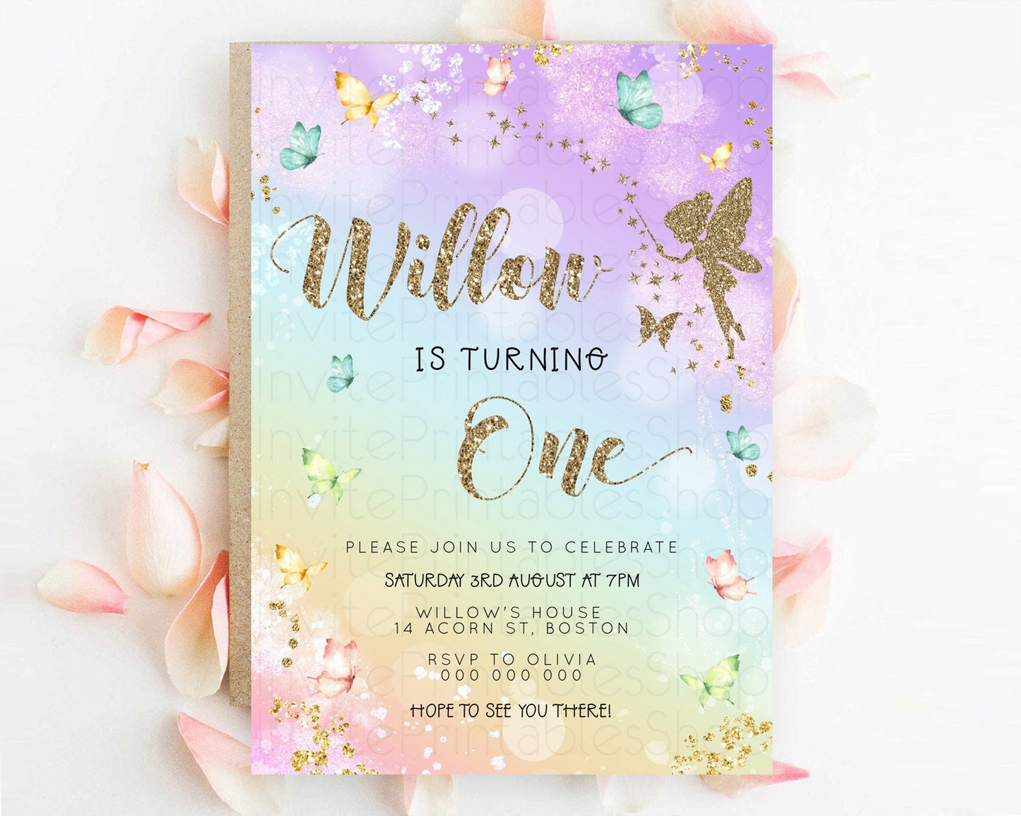 Pastel Fairy Birthday Invitation Pastel Butterflies Fairy Birthday Invitation Rainbow Ombre Watercolor 1st 2nd Birthday Invitation D23161