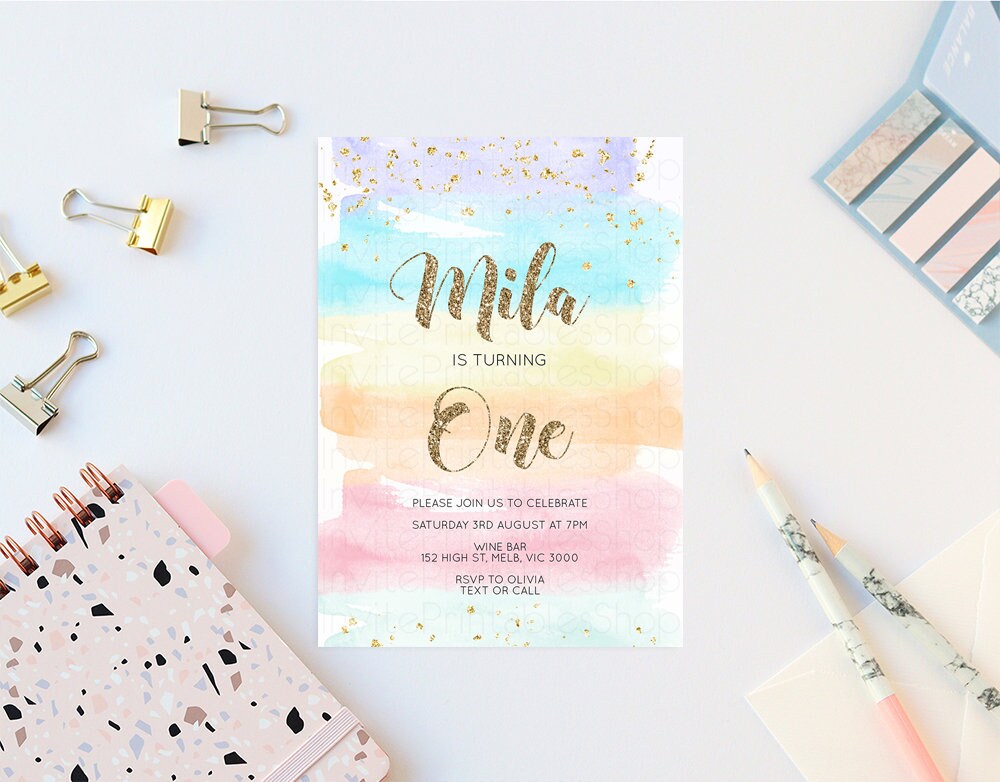 Rainbow Birthday Invitation Pastel Birthday Invitation Colorful Watercolor Invite Ombre Pastel Invitation Gold Glitter Sprinkles Invite 525