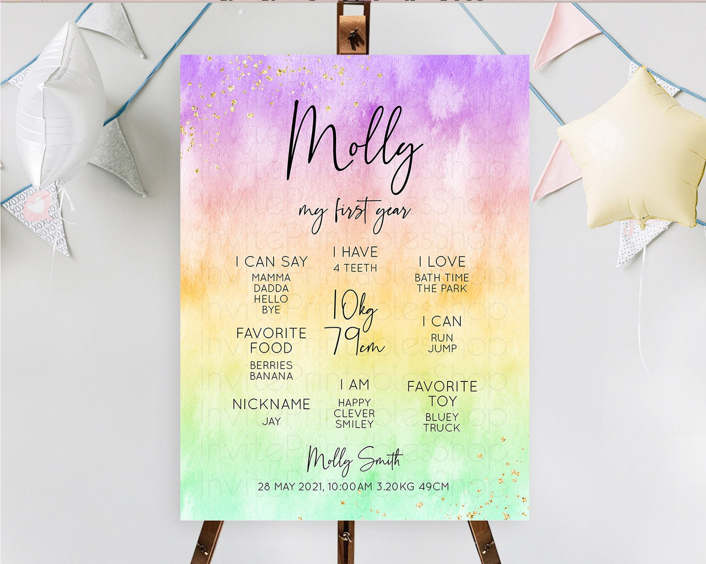 Pastel First Birthday Milestone Board Pastel Rainbow Milestone Poster Colorful Confetti Watercolor Glitter 1st Birthday Welcome Sign D10514