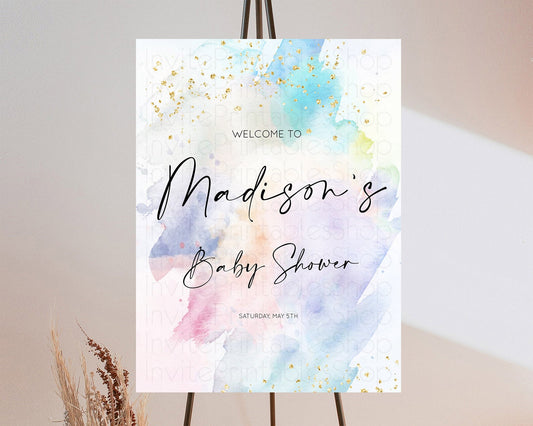 Pastel Baby Shower Welcome Sign Pastel Rainbow Welcome Sign Colorful Rainbow Confetti Watercolor Glitter Décor Pastel  Welcome Sign D10420