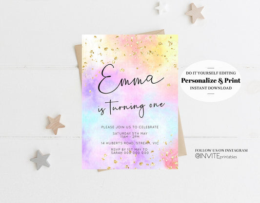 Rainbow Birthday Invitation Ombre Pastel Invitation Colorful Watercolor Splash Invite Gold Glitter Sprinkles Printable Digital Invite 499