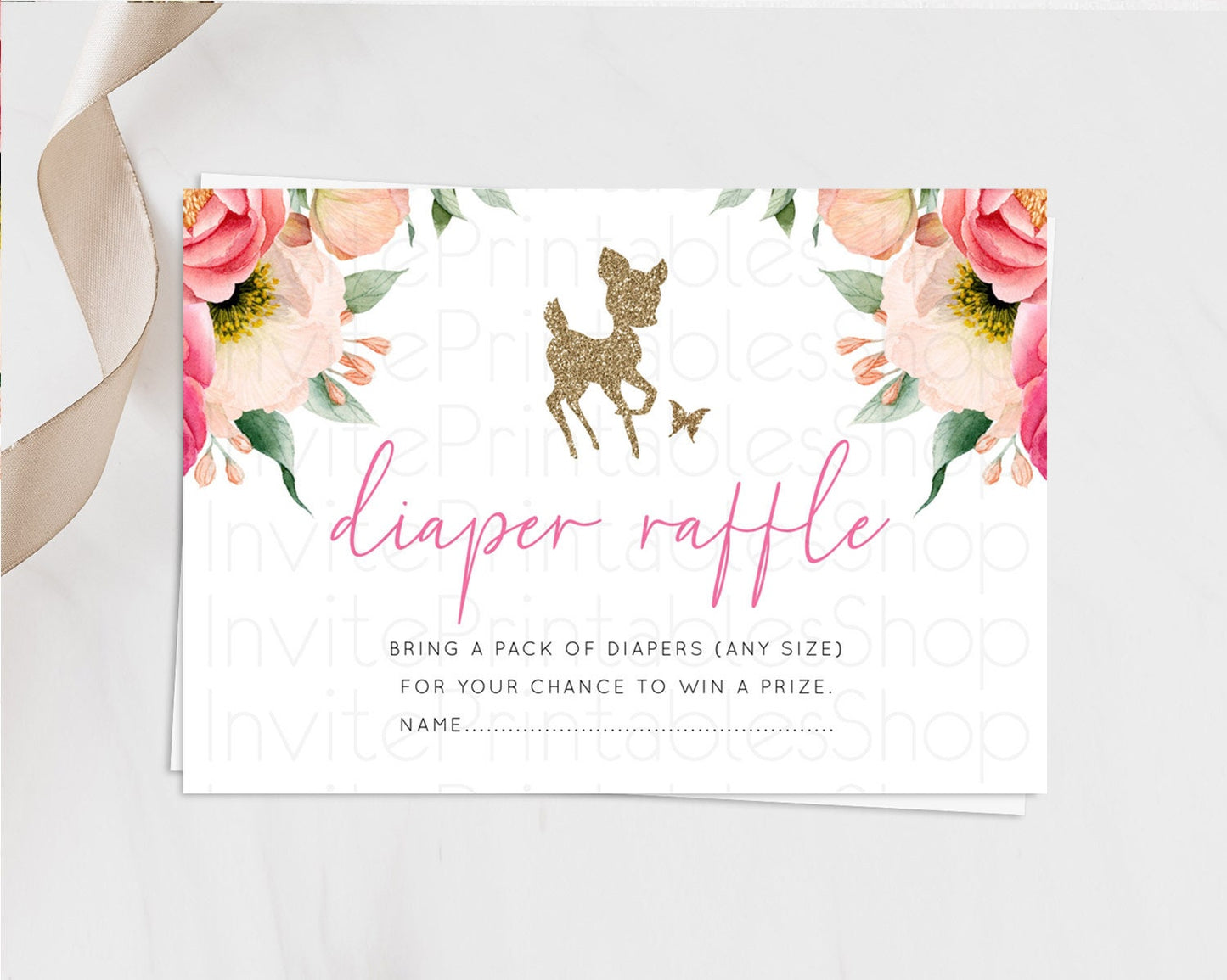 Fawn Diaper Raffle Card Deer Diaper Insert Floral Deer Diaper Ticket Enchanted Forest Butterfly Pastel Baby Shower Raffle Game D10326