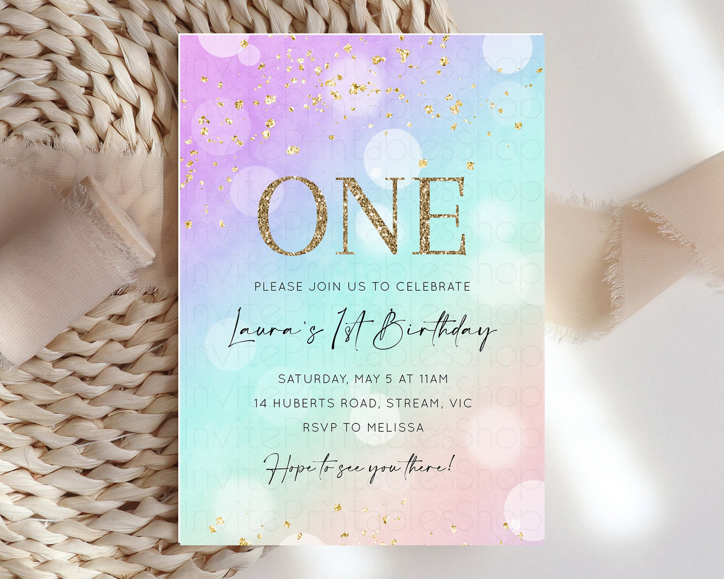 Rainbow Birthday Invitation Pastel Birthday Invite Ombre Watercolor Invite Enchanted Theme Colorful Splash Glitter Sprinkles 1st 2nd 3rd