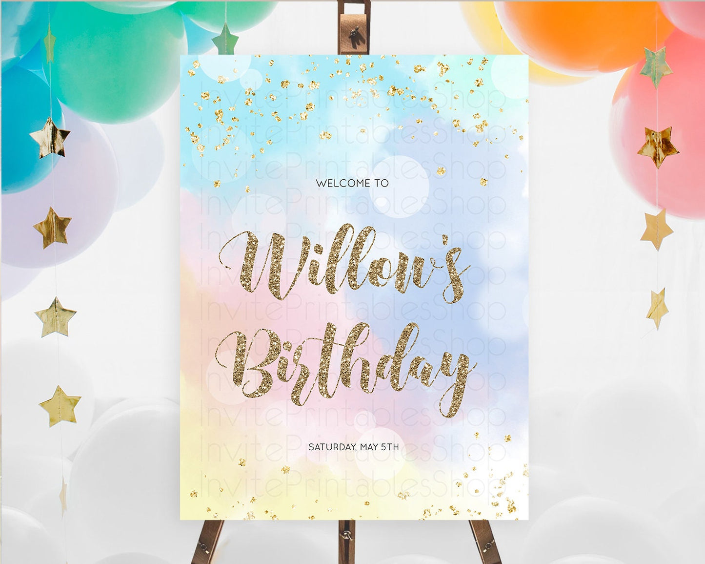 Pastel Welcome Sign Pastel Rainbow Welcome Sign Colorful Rainbow Confetti Watercolor Glitter Pastel First Birthday Welcome Sign D10367