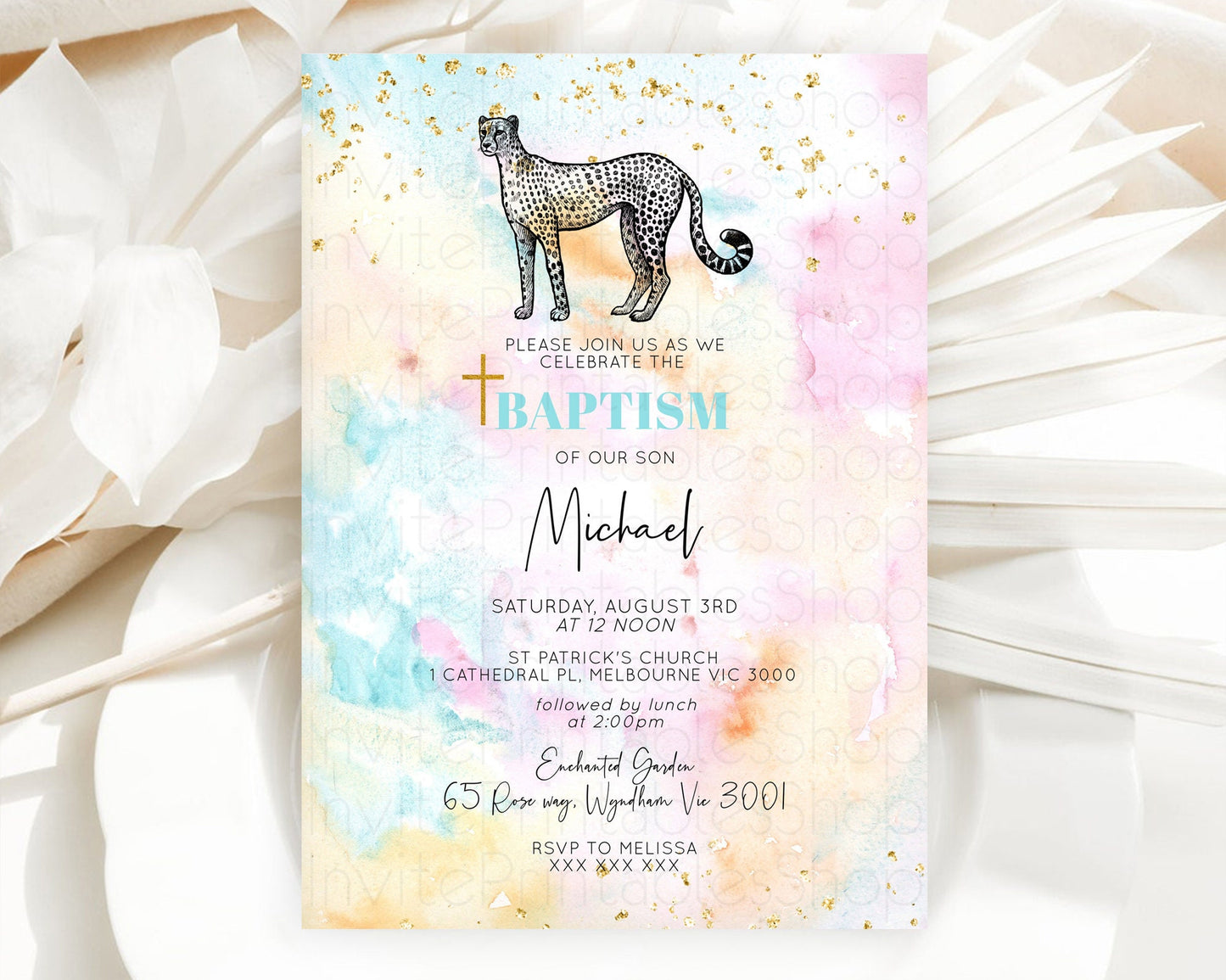 Cheetah Baptism Invitation Cheetah Baptism 1st Birthday Invitation Cheetah Pastel Watercolor Christening Invitation Rainbow Cheetah D10289