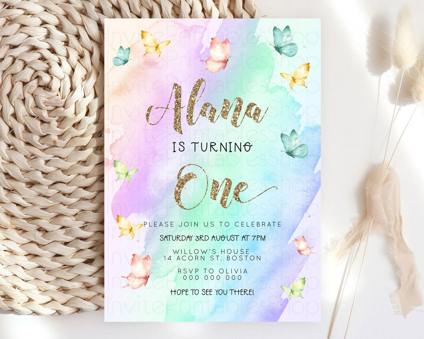 Pastel Butterfly Birthday Invitation Butterfly Birthday Invitation Colorful Splash Glitter Butterfly Garden 1st 2nd Birthday D23237