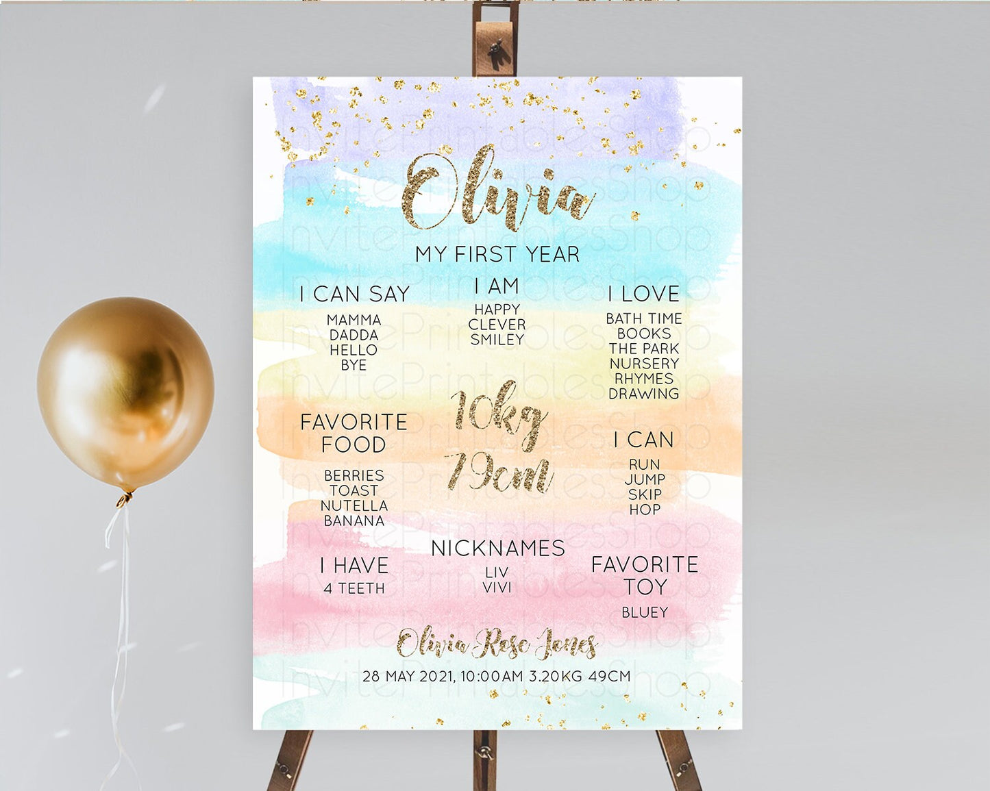 Pastel First Birthday Milestone Board Pastel Rainbow Milestone Poster Colorful Confetti Watercolor Glitter 1st Birthday Welcome Sign D10508