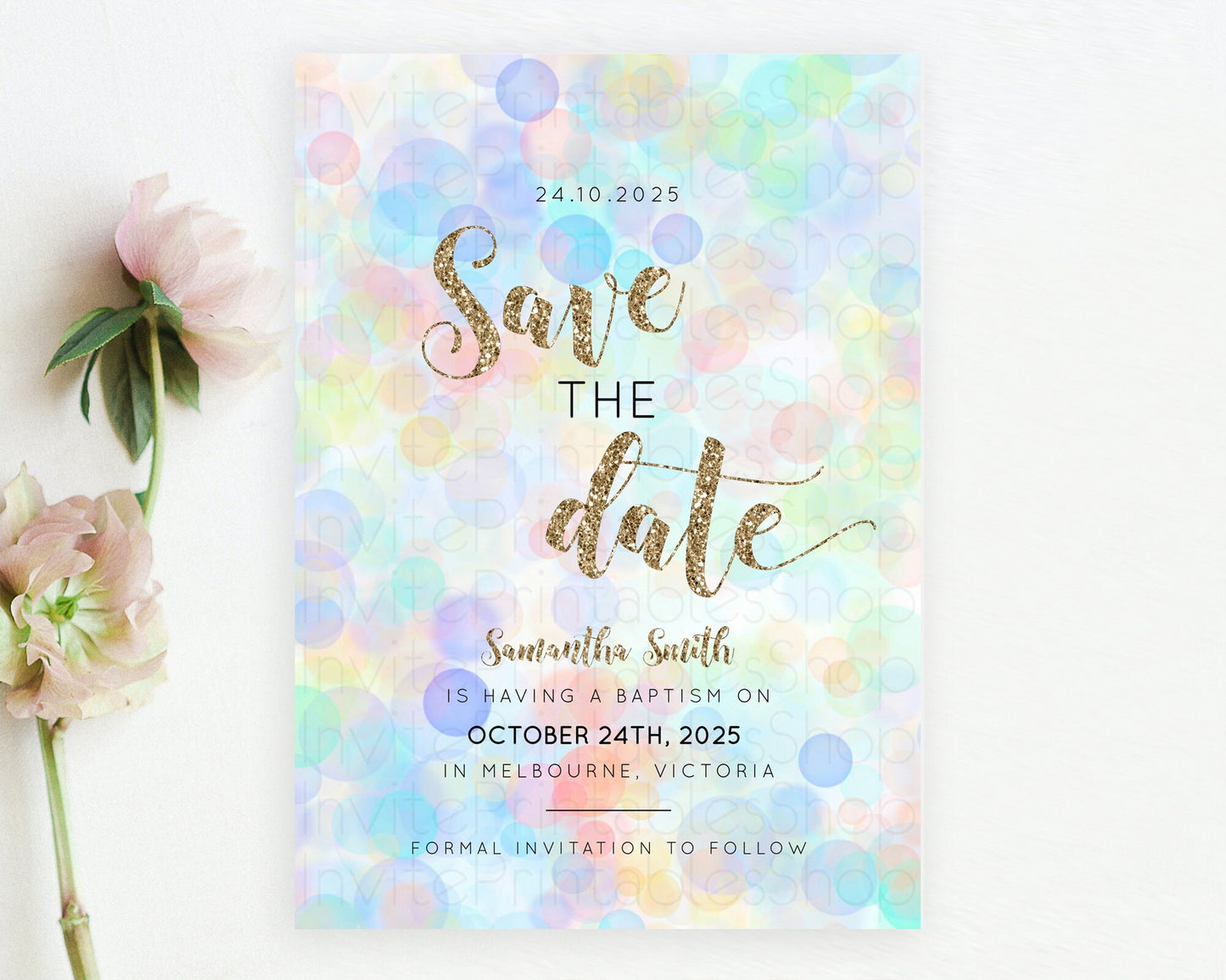 Pastel Bubbles Save The Date Template Bubble Bath Party Rainbow Colorful Confetti Sprinkles 1st Birthday Baby Shower Baptism Wedding D10447