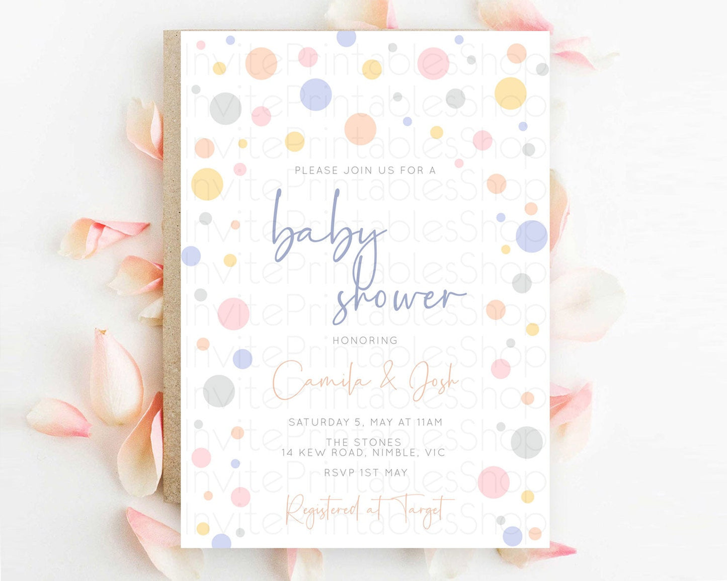 Pastel Rainbow Baby Shower Invitation, Colorful Confetti Sprinkles & Bubbles in Rainbow Soft Pink, Yellow, and Blue POP Invitation D10759