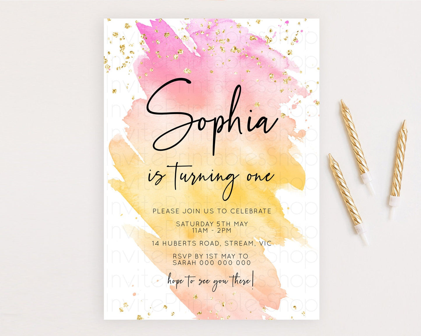 Rainbow Birthday Invitation Colorful Pastel Watercolor Invitation Gold Glitter Sprinkles Ombre Pastel 1st 2nd 3rd Birthday D10527