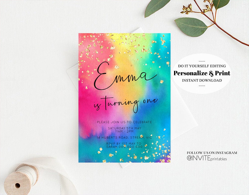 Tie Dye Rainbow Birthday Invitation Ombre Pastel Invitation Colorful Watercolor Splash Gold Glitter Sprinkles Printable Digital Invite