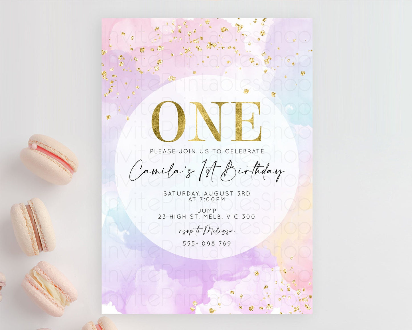 Rainbow Birthday Invitation Colorful Pastel Watercolor Invitation Gold Glitter Sprinkles Ombre Pastel 1st 2nd 3rd Birthday D10623