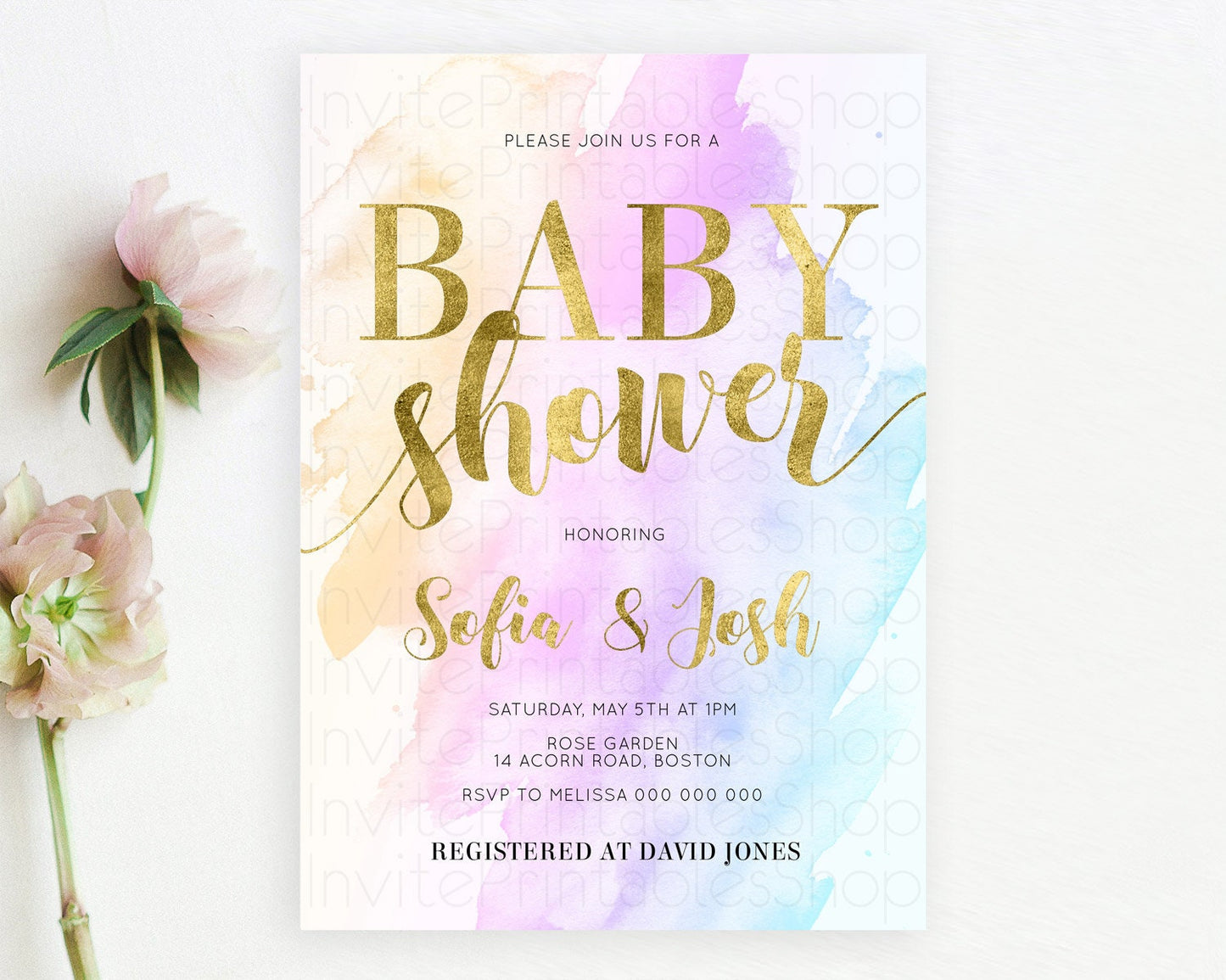 Pastel Baby Shower Invitation Rainbow Baby Shower Invitation Colorful Pastel Watercolor Invitation Gold Glitter Sprinkles Ombre D11027