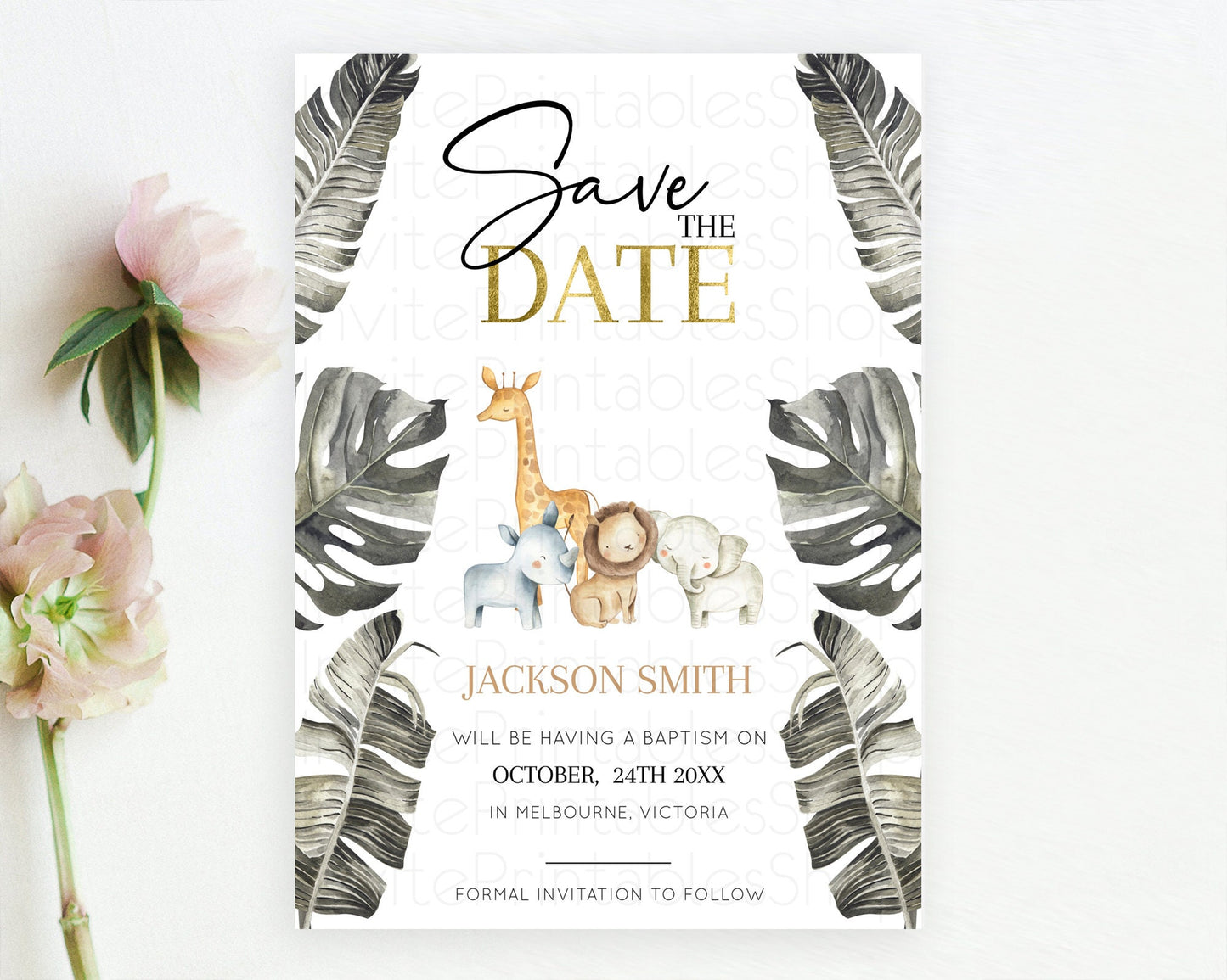 Safari Save The Date Template Lion Gorilla Elephant Rhino Animals Party Tropical Palm Zoo Theme For 1st Birthday Baptism Baby Shower D10599