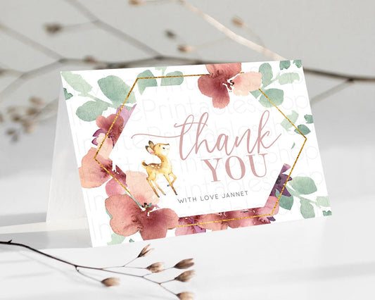 Editable Fawn Thank You Deer Thank You Card Pastel Floral Deer Birthday Than