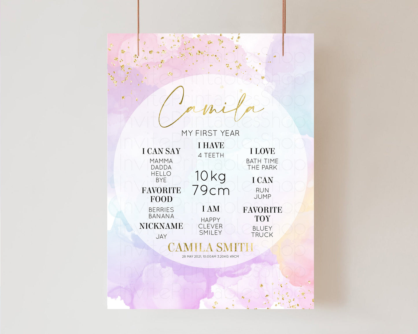 Pastel First Birthday Milestone Board Pastel Rainbow Milestone Poster Watercolor Glitter One Year Poster Colorful Splash Baby 1st Year 599v1