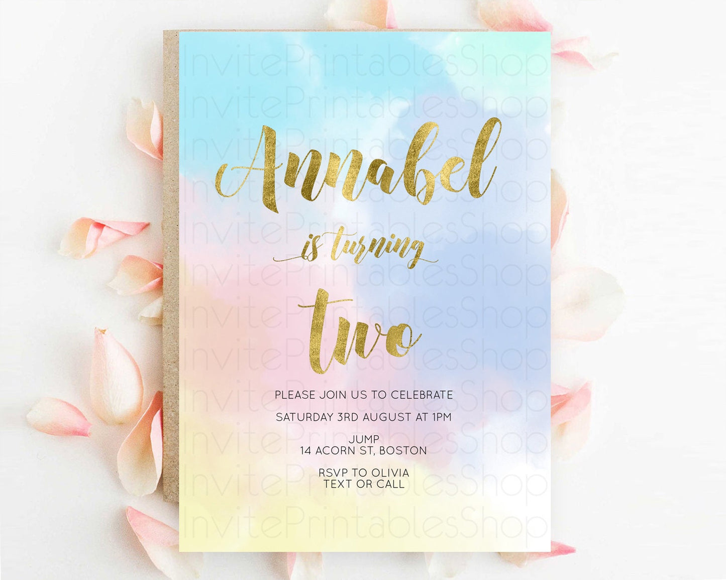 Rainbow Birthday Invitation Colorful Pastel Watercolor Invitation Gold Glitter Sprinkles Ombre Pastel 1st 2nd 3rd Birthday D10892