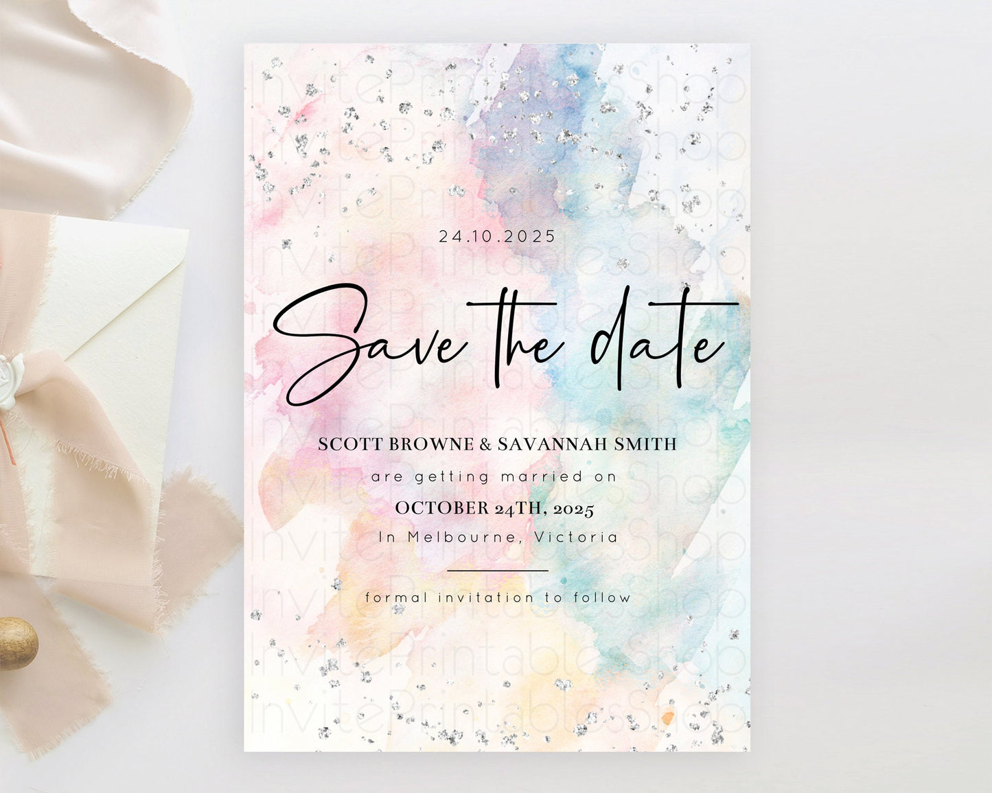 Pastel Silver Save The Date Template Rainbow Colorful Ombre Colorful Watercolor Party 1st Birthday Baptism Baby Shower Bridal Shower D10945