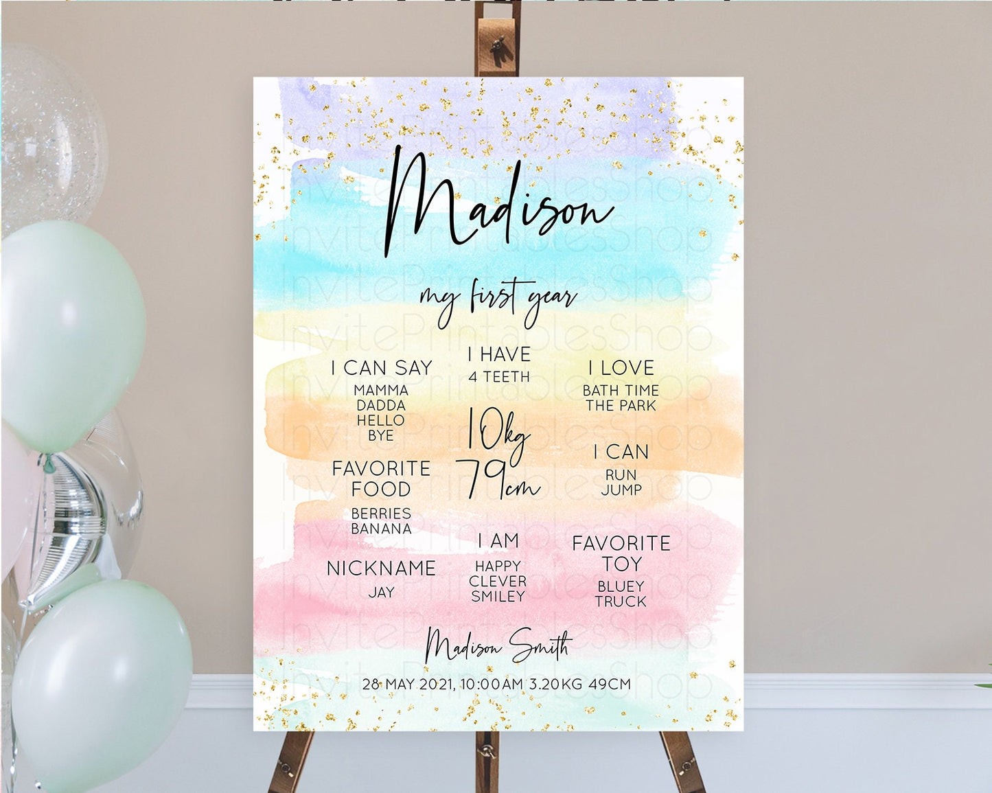 Pastel First Birthday Milestone Board Pastel Rainbow Milestone Poster Colorful Confetti Watercolor Glitter 1st Birthday Welcome Sign D10505