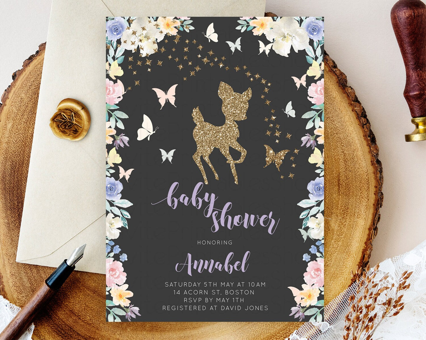 Fawn Baby Shower Invitation Deer Baby Shower Invites Enchanted Forest Theme Butterfly Pastel Flowers Whimsical Baby Shower D10880