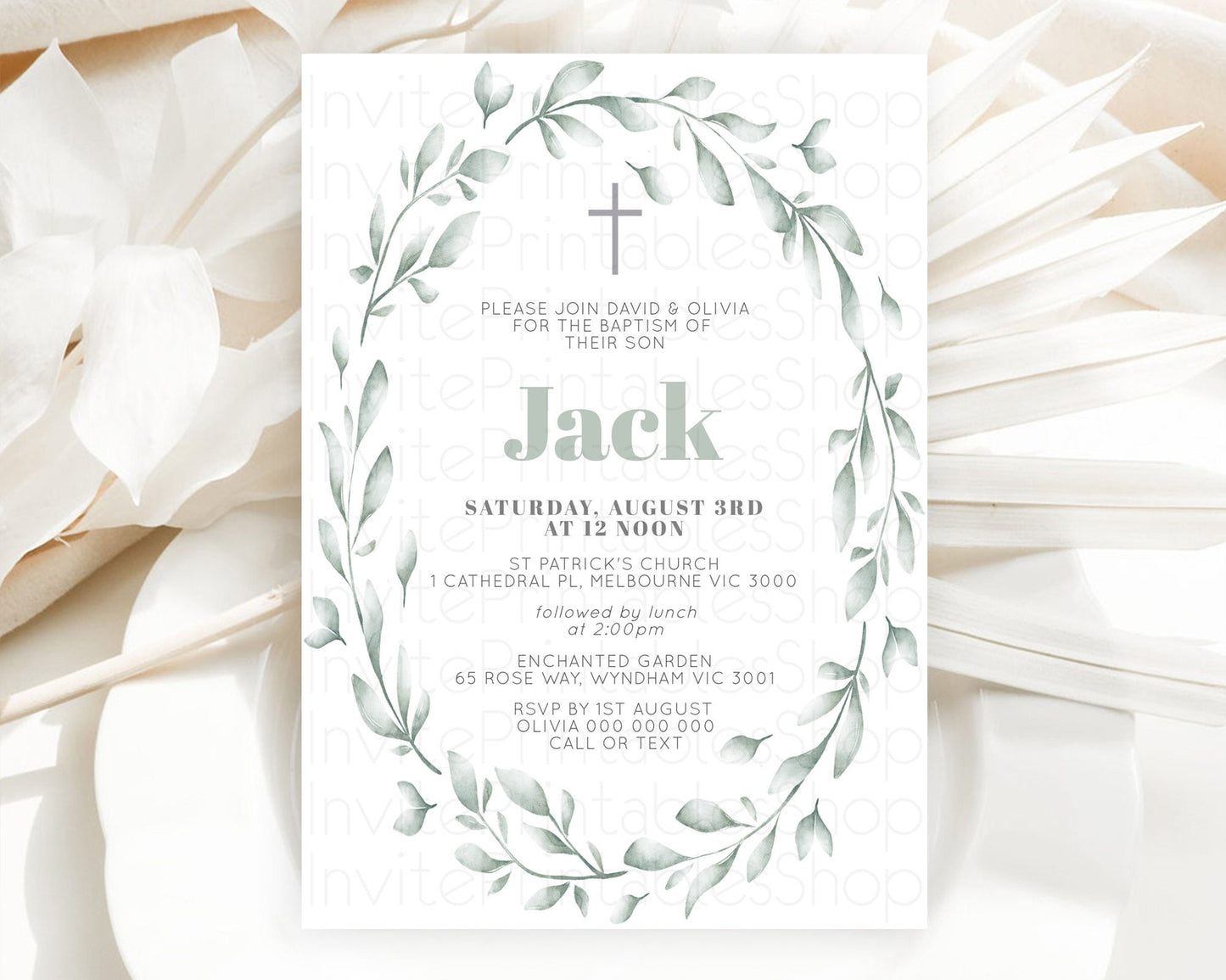 Leafy Baptism Invitation Leafy Simple Greenery Baptism 1st Birthday Invitation Eucalyptus Fern Spray Leaves Green Leaf Watercolour D11009