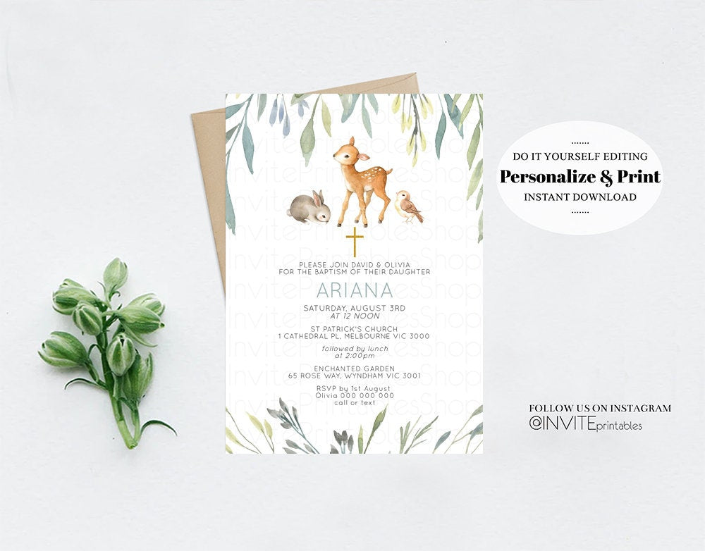 Leaf Deer Baptism Invitation Enchanted Garden Christening Invitation Forest Animals Eucalyptus Leaves Green Soft Pastel Gold Orthodox Cross