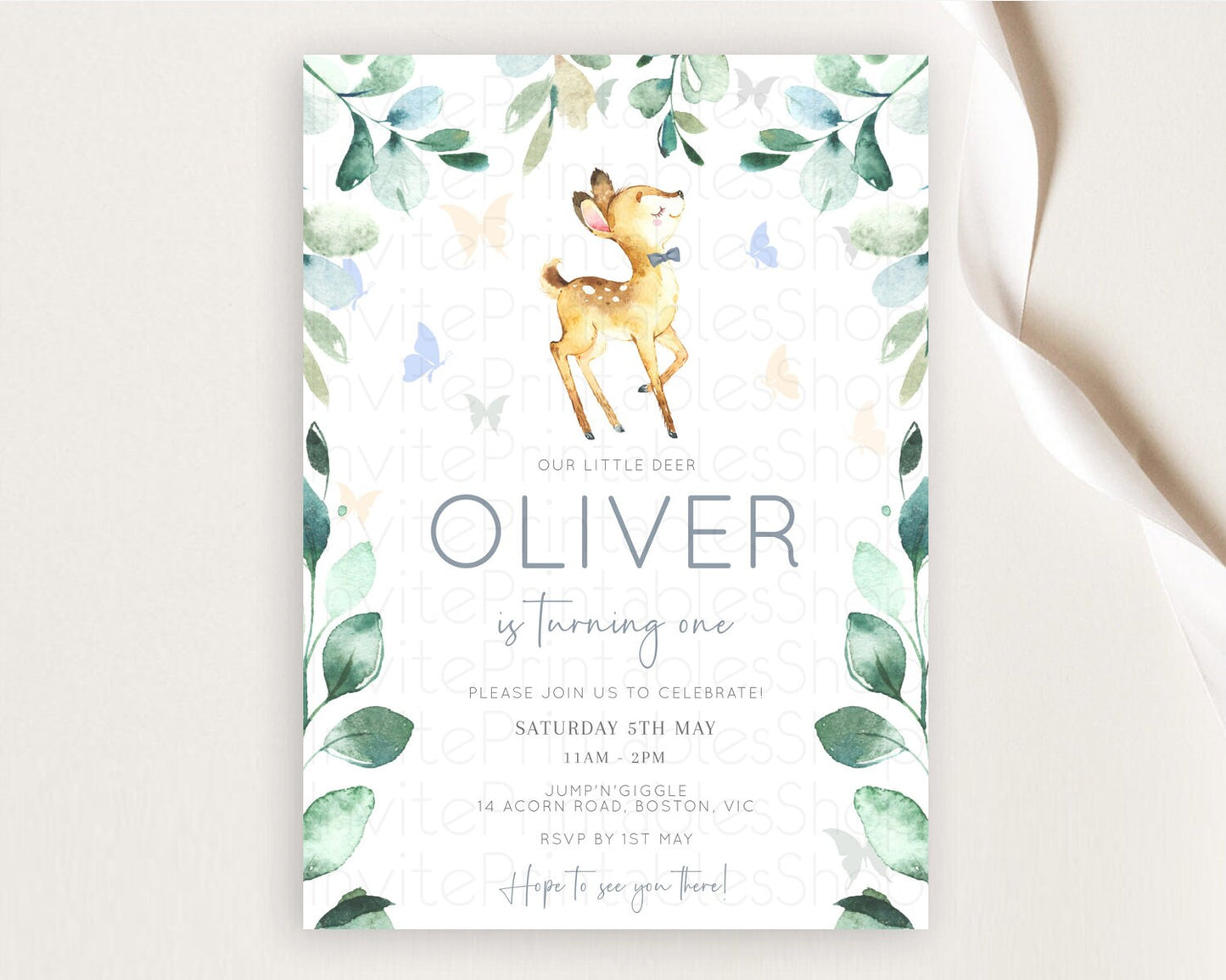 Fawn Birthday Invitation Deer Birthday Invitation Enchanted Forest Party Butterfly Pastel Flowers Whimsical 2nd 1st First Birthday D10767