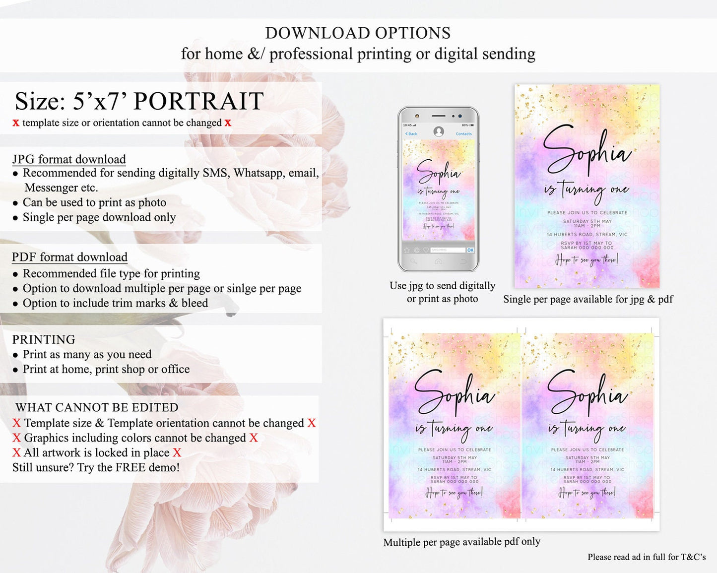 Rainbow Birthday Invitation Colorful Pastel Watercolor Invitation Gold Glitter Sprinkles Ombre Pastel 1st 2nd 3rd Birthday D10437