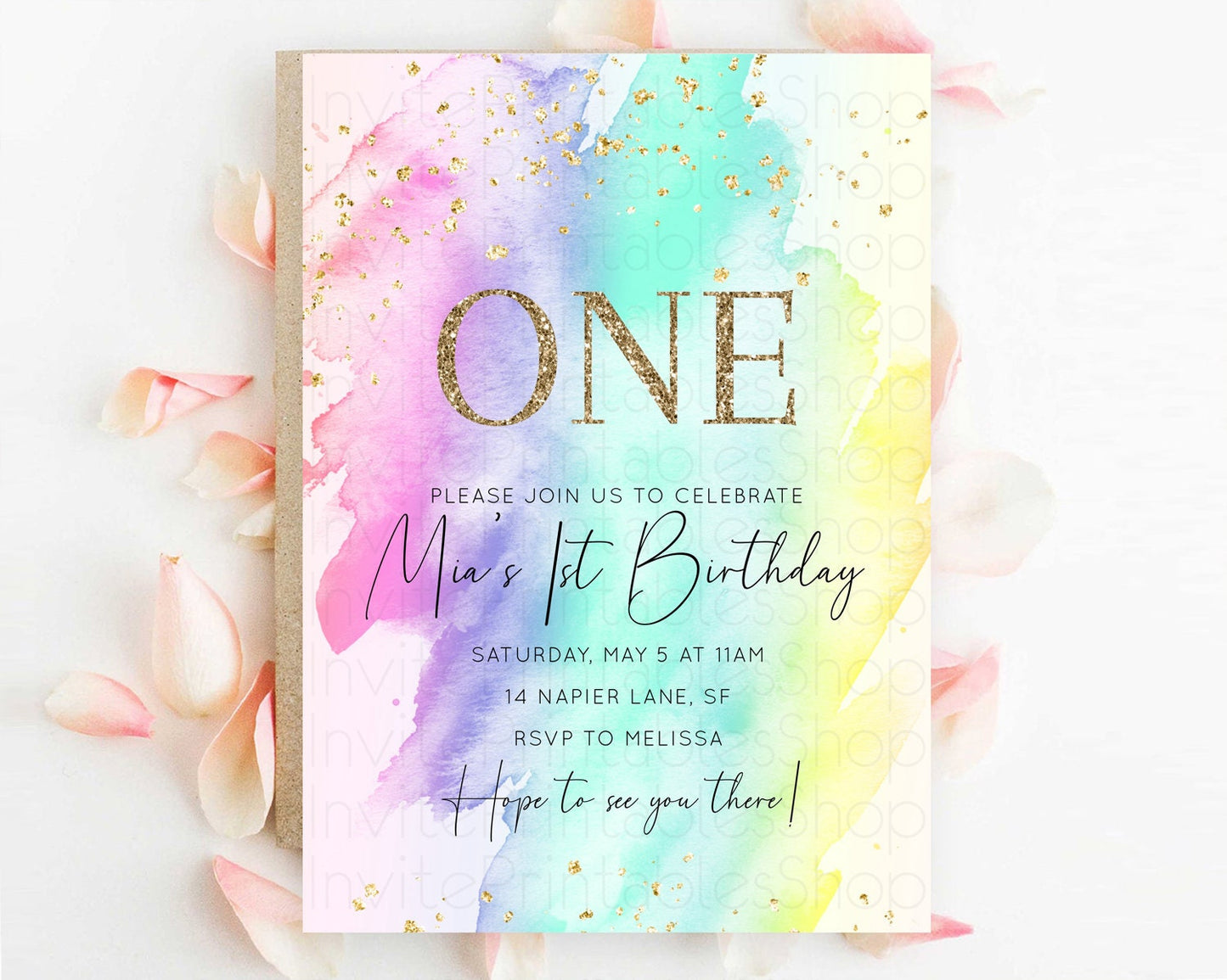 Rainbow Birthday Invitation Colorful Pastel Watercolor Invitation Gold Glitter Sprinkles Ombre Pastel 1st 2nd 3rd Birthday D10231