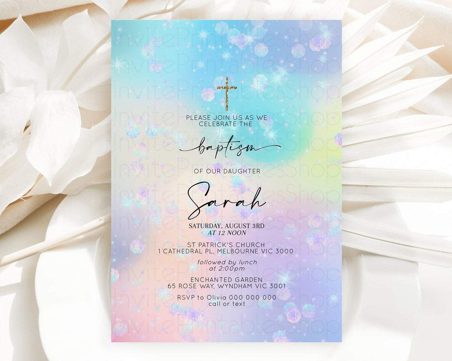 Rainbow Baptism Invitation Colorful Pastel Watercolor Baptism 1st Birthday Invitation Iridescent Glitter Sprinkles Ombre Christening D10665