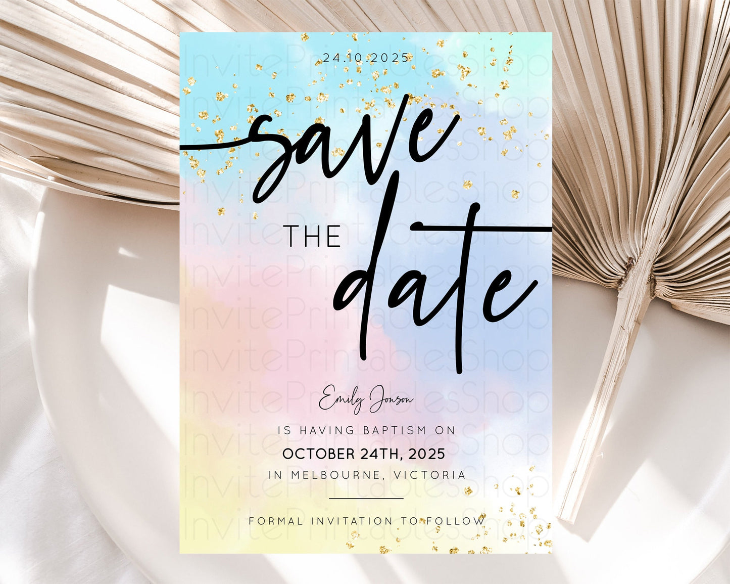 Pastel Save The Date Template Pastel Ombre Rainbow Watercolor Colorful Party For Birthday Baptism Baby Shower Wedding Bridal Shower D10368