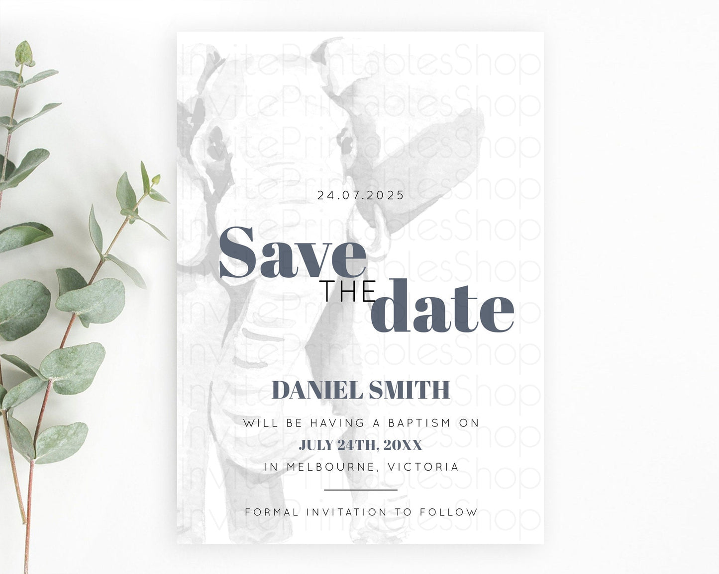 Elephant Save The Date Template Elephant Safari Adventure Party Dried Palm Fern Zoo 1st Birthday Baptism Baby Shower Bridal Shower D10292