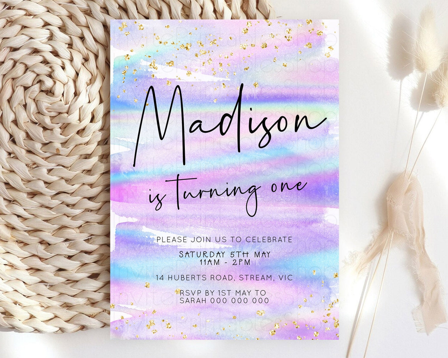 Pastel Birthday Invitation Ombre Watercolor Birthday Invitation Glitter Rainbow Color Splash 1st 2nd 3rd Birthday Invitation D23031