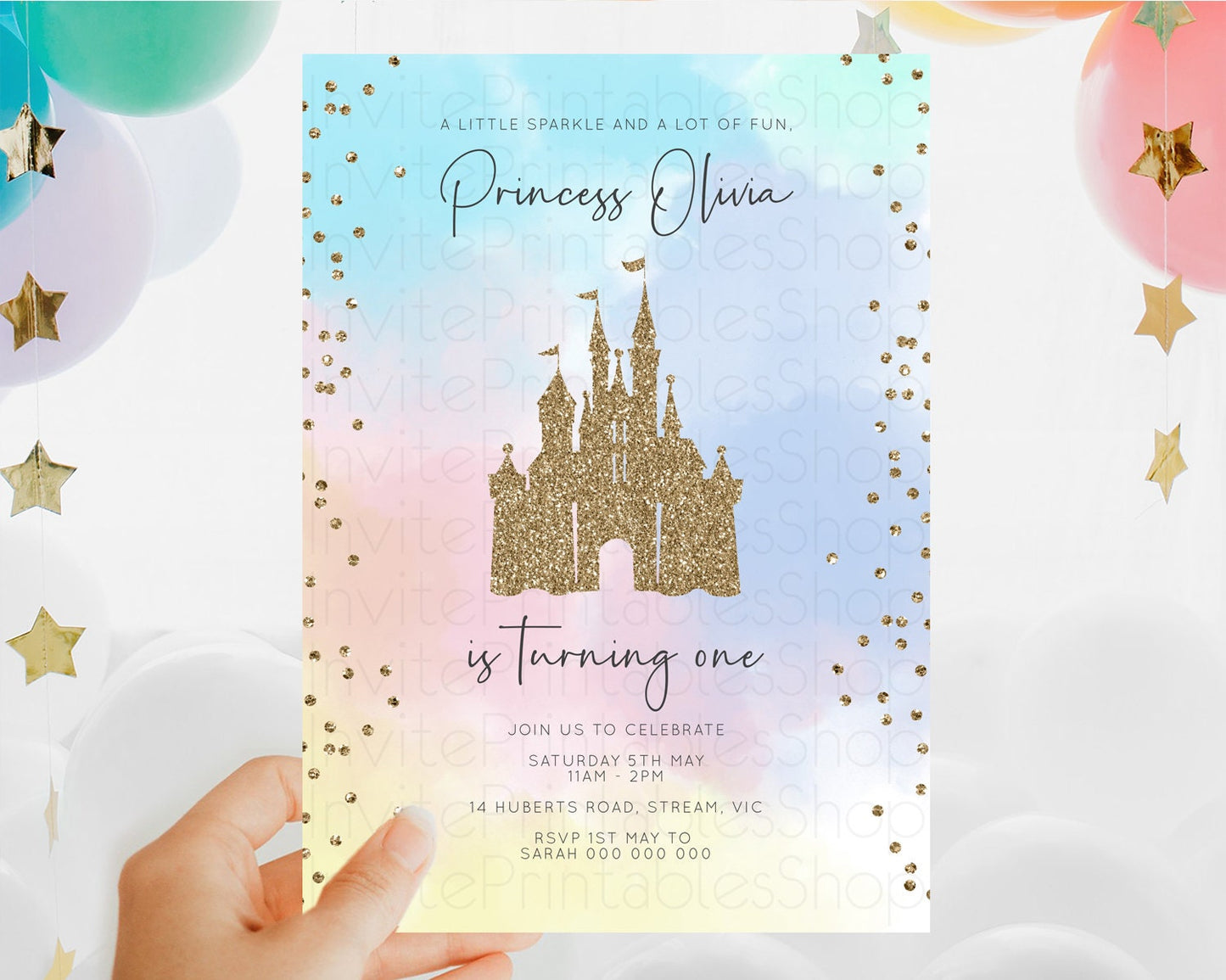 Princess Birthday Invitation Princess Invitation Pastel Invitation Royal Birthday Rainbow Color Enchanted Castle 1st First Birthday D10895